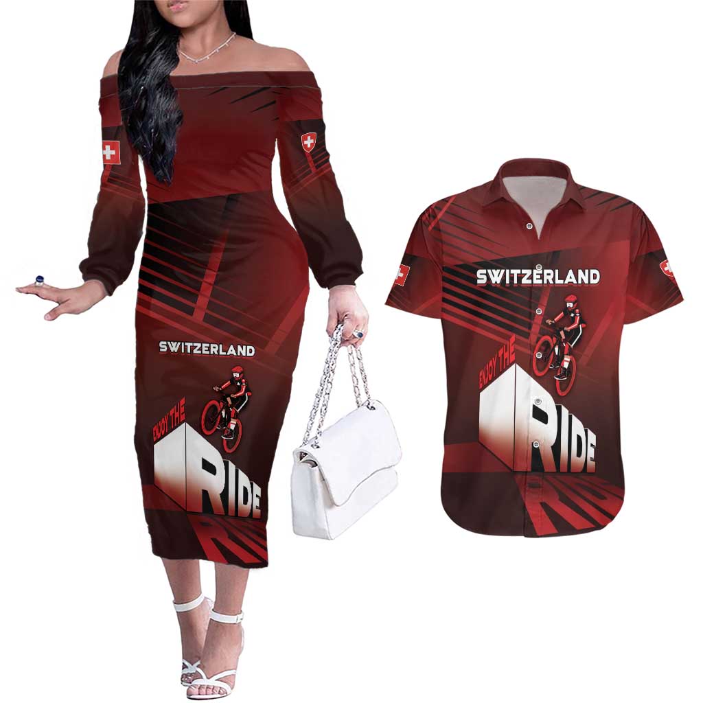 Personalized Switzerland Cycling Couples Matching Off The Shoulder Long Sleeve Dress and Hawaiian Shirt Sporty Style - Wonder Print Shop