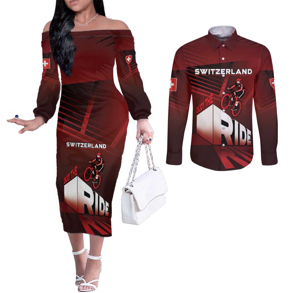Personalized Switzerland Cycling Couples Matching Off The Shoulder Long Sleeve Dress and Long Sleeve Button Shirt Sporty Style - Wonder Print Shop