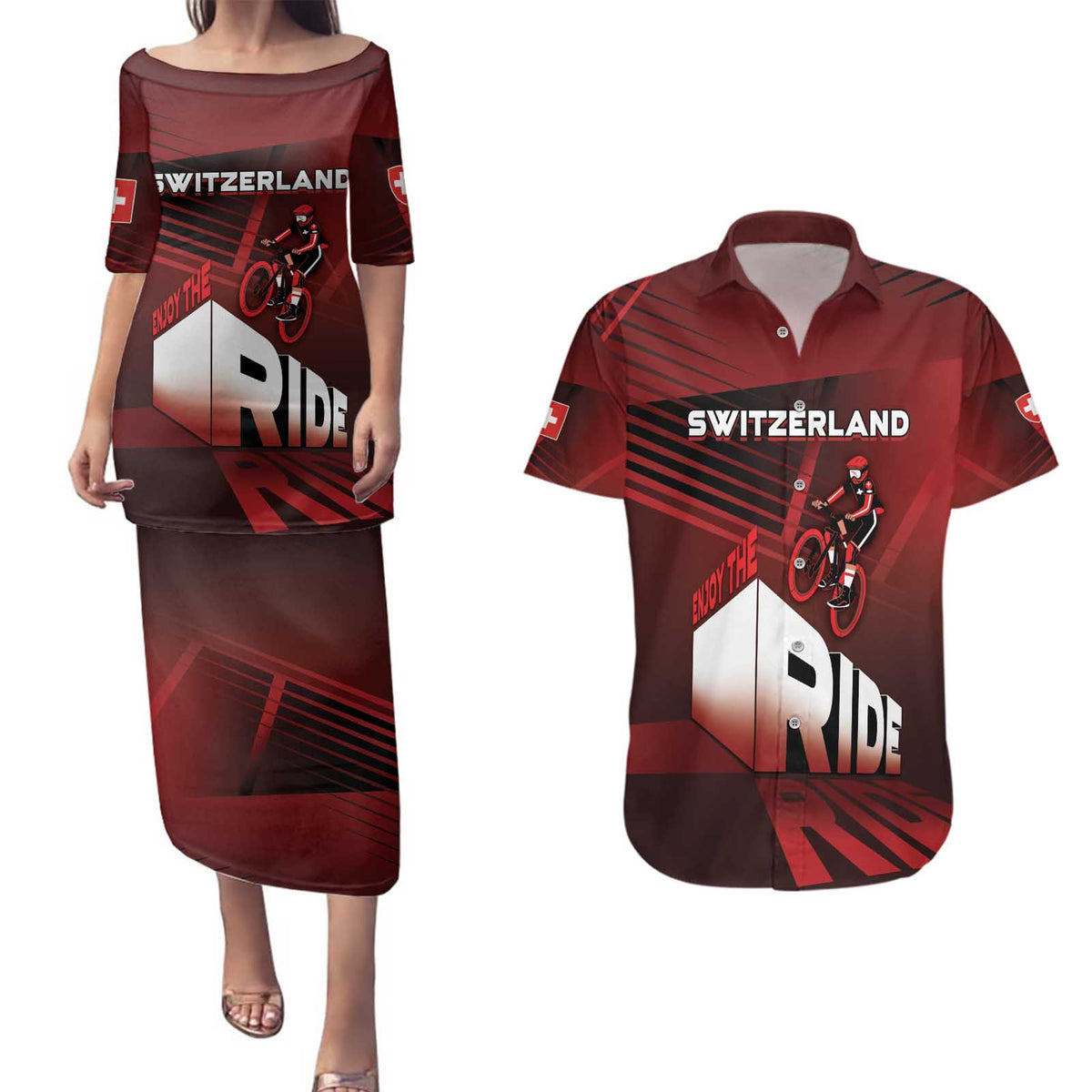 Personalized Switzerland Cycling Couples Matching Puletasi and Hawaiian Shirt Sporty Style - Wonder Print Shop