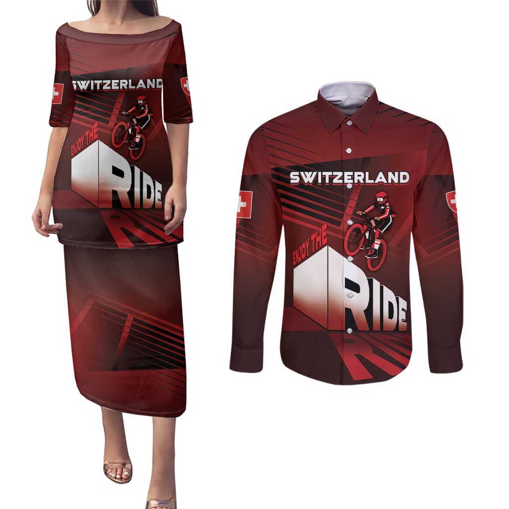 Personalized Switzerland Cycling Couples Matching Puletasi and Long Sleeve Button Shirt Sporty Style - Wonder Print Shop