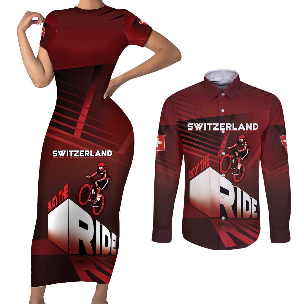 Personalized Switzerland Cycling Couples Matching Short Sleeve Bodycon Dress and Long Sleeve Button Shirt Sporty Style - Wonder Print Shop