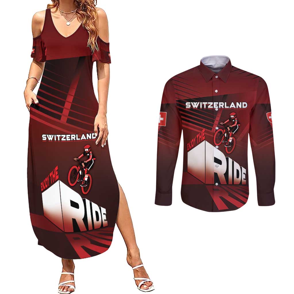 Personalized Switzerland Cycling Couples Matching Summer Maxi Dress and Long Sleeve Button Shirt Sporty Style - Wonder Print Shop