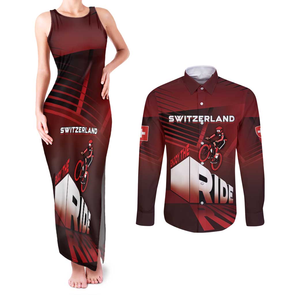 Personalized Switzerland Cycling Couples Matching Tank Maxi Dress and Long Sleeve Button Shirt Sporty Style - Wonder Print Shop
