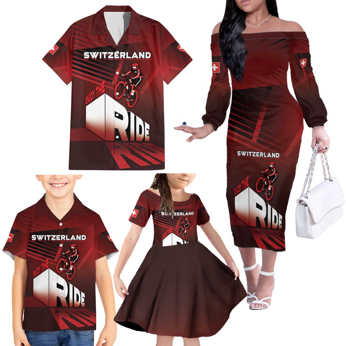 Personalized Switzerland Cycling Family Matching Off The Shoulder Long Sleeve Dress and Hawaiian Shirt Sporty Style - Wonder Print Shop