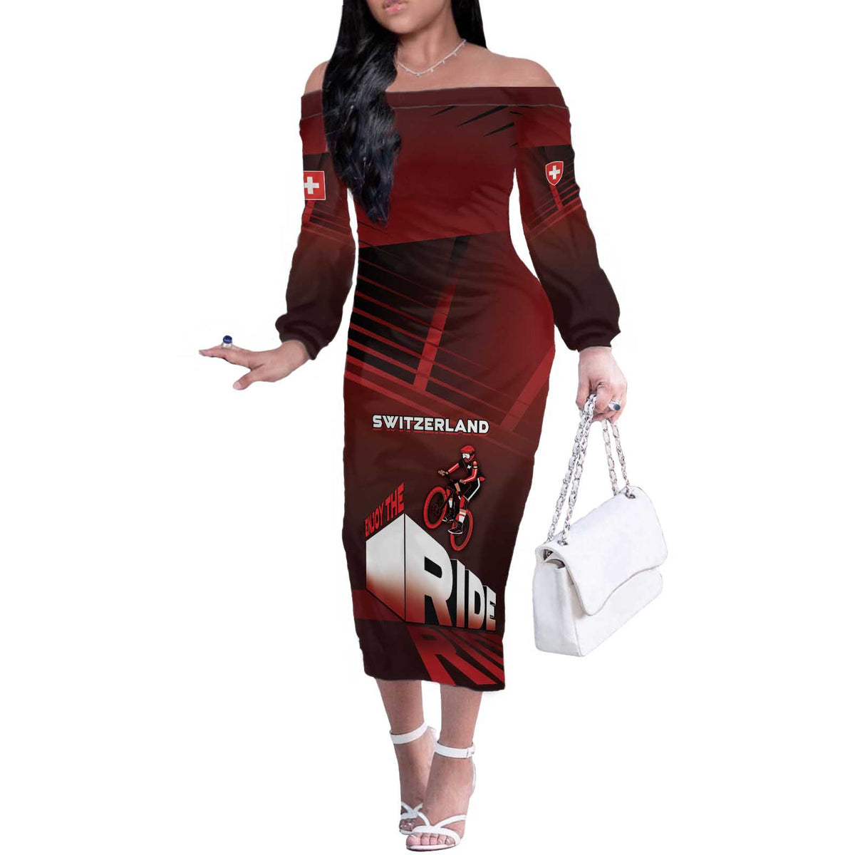 Personalized Switzerland Cycling Off The Shoulder Long Sleeve Dress Sporty Style - Wonder Print Shop