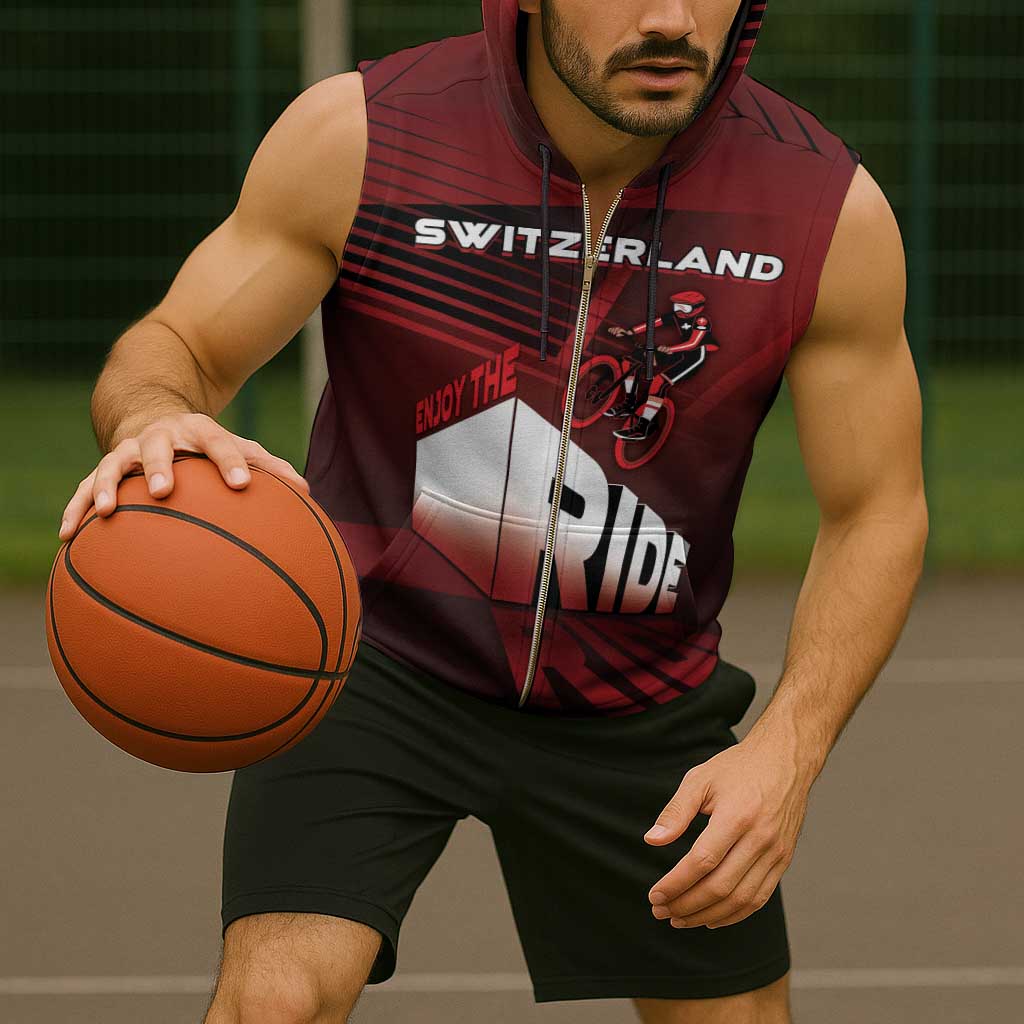 Personalized Switzerland Cycling Sleeveless Zip Hoodie Sporty Style - Wonder Print Shop