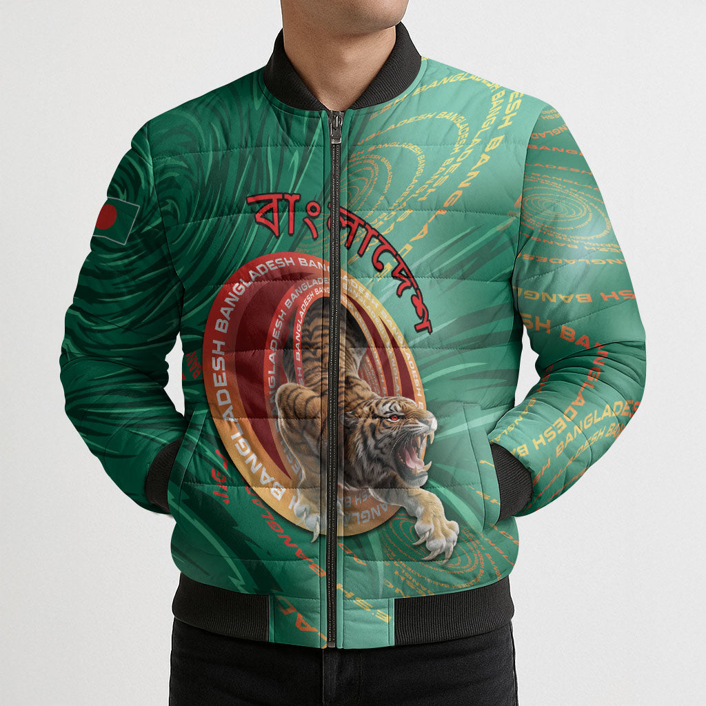 Personalized Bangladesh Bomber Puffer Jacket Royal Bengal Tiger Spiral Pattern