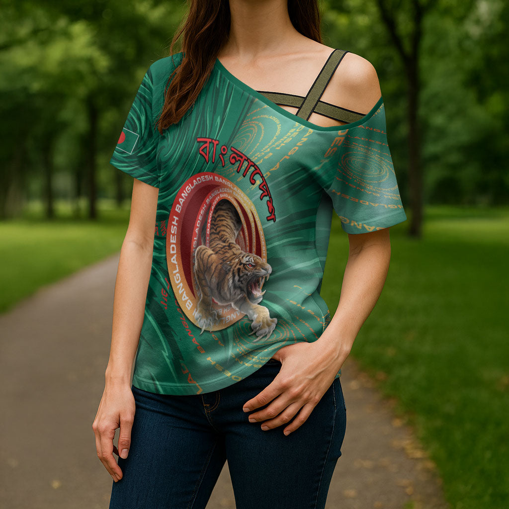 Personalized Bangladesh Cross Shoulder Shirt Royal Bengal Tiger Spiral Pattern