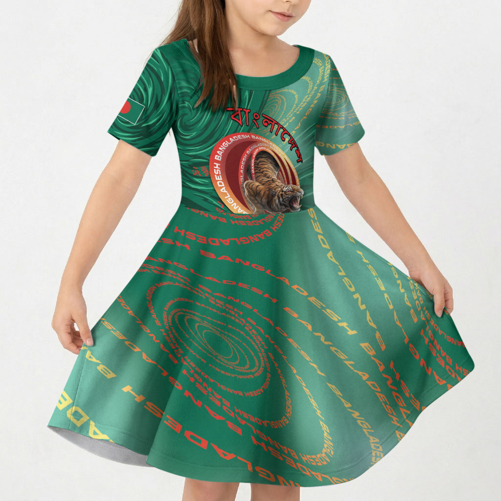 Personalized Bangladesh Kid Short Sleeve Dress Royal Bengal Tiger Spiral Pattern