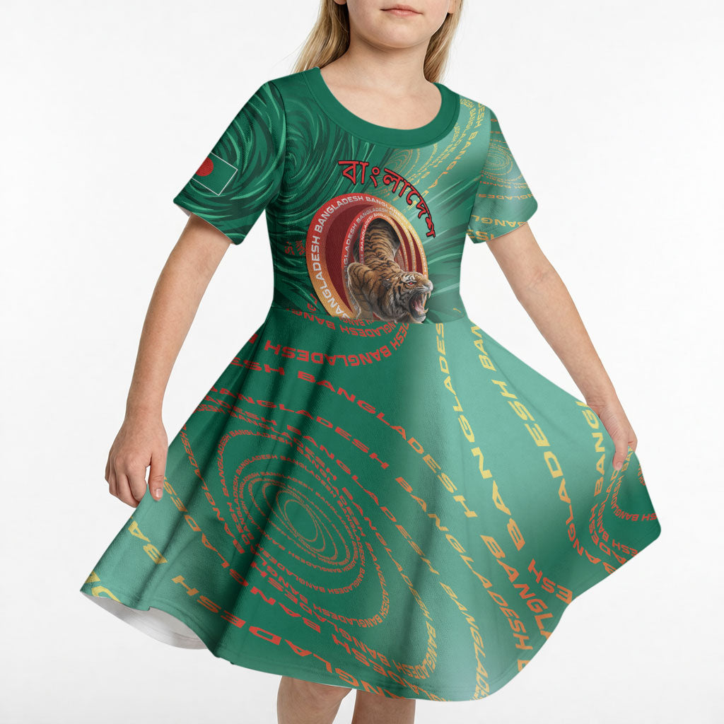 Personalized Bangladesh Kid Short Sleeve Dress Royal Bengal Tiger Spiral Pattern