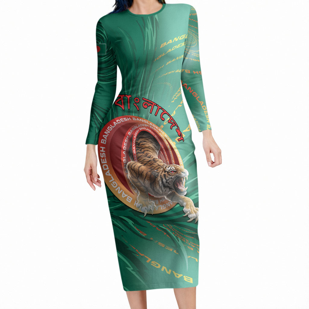 Personalized Bangladesh Long Sleeve Bodycon Dress Royal Bengal Tiger Spiral Pattern