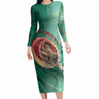 Personalized Bangladesh Long Sleeve Bodycon Dress Royal Bengal Tiger Spiral Pattern