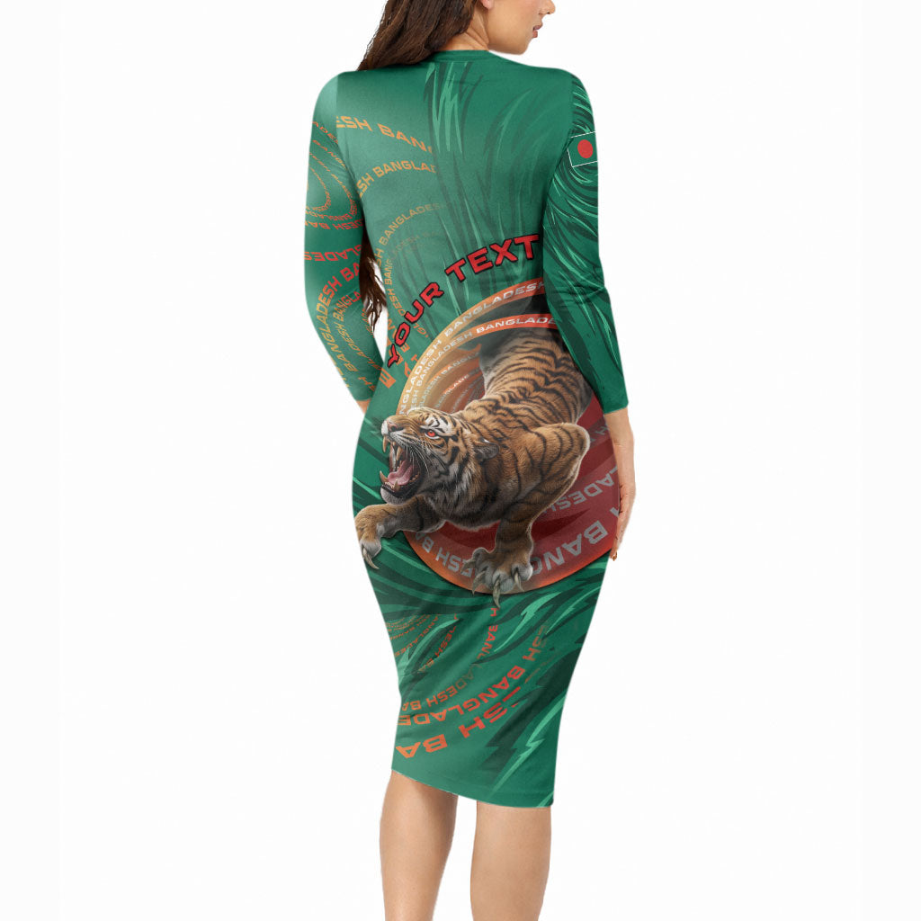 Personalized Bangladesh Long Sleeve Bodycon Dress Royal Bengal Tiger Spiral Pattern