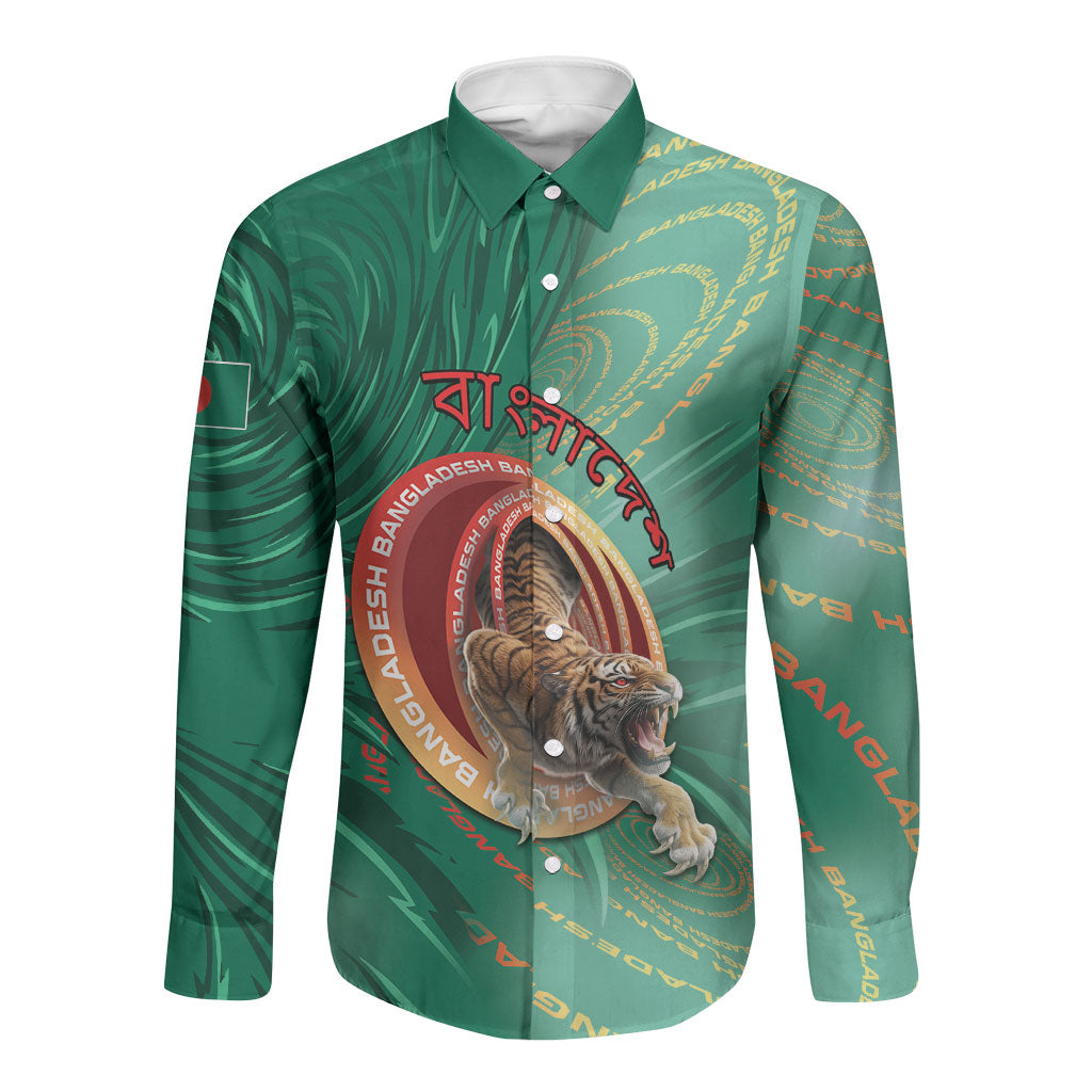 Personalized Bangladesh Long Sleeve Button Shirt Royal Bengal Tiger Spiral Pattern
