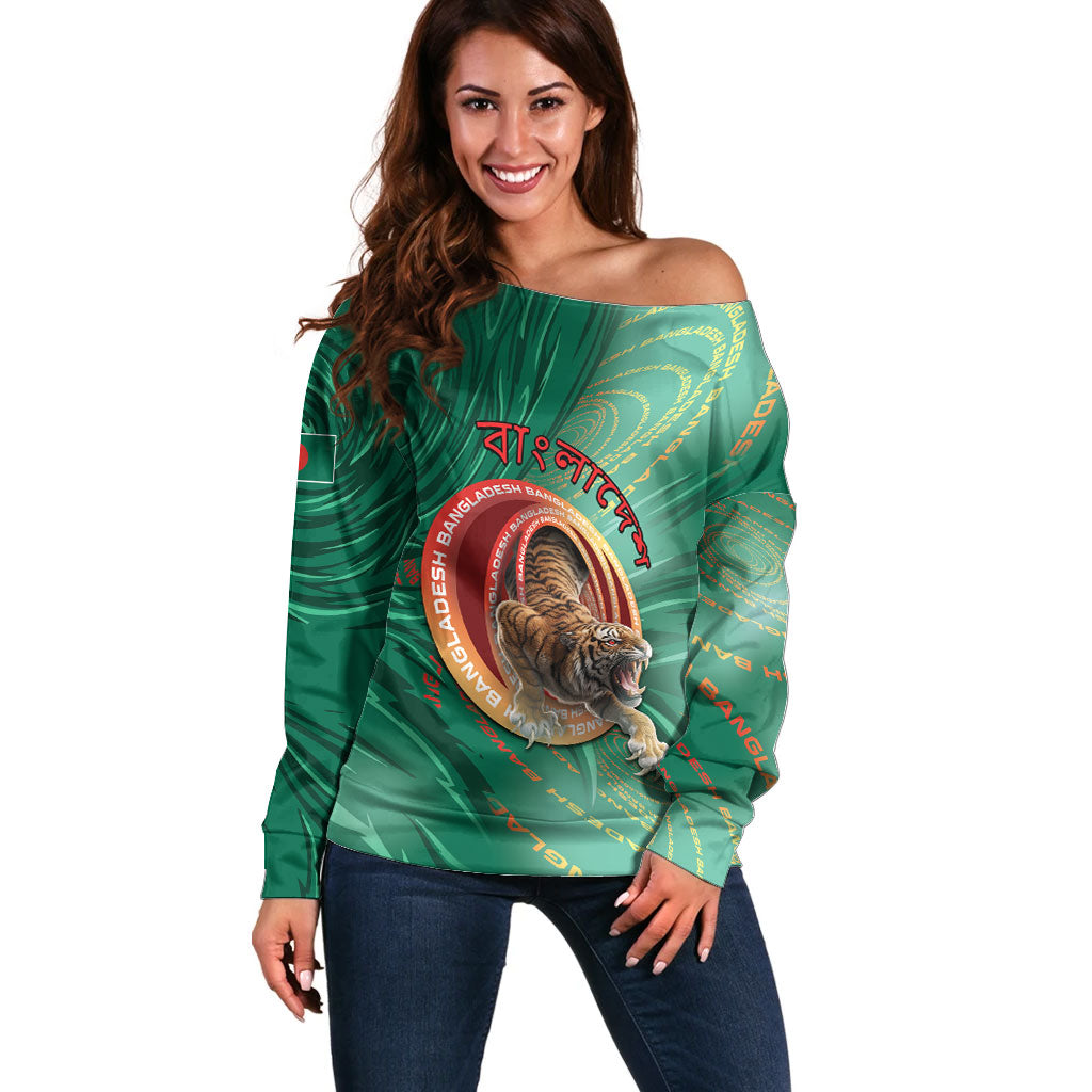 Personalized Bangladesh Off Shoulder Sweater Royal Bengal Tiger Spiral Pattern
