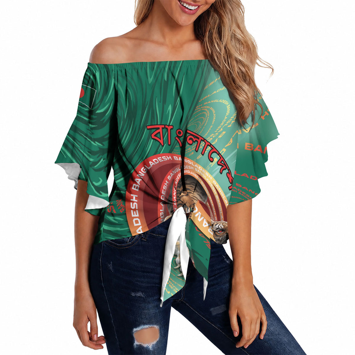 Personalized Bangladesh Off Shoulder Wrap Waist Top Royal Bengal Tiger Spiral Pattern