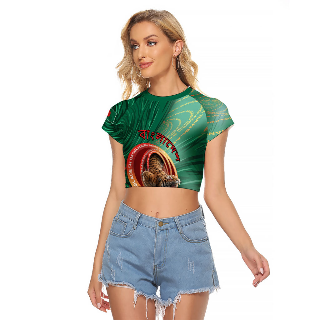 Personalized Bangladesh Raglan Cropped T Shirt Royal Bengal Tiger Spiral Pattern