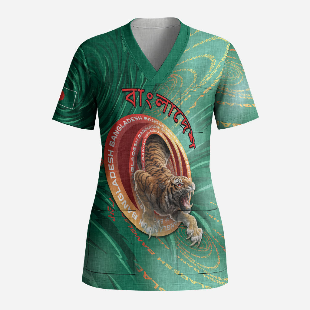 Personalized Bangladesh Scrub Top Royal Bengal Tiger Spiral Pattern