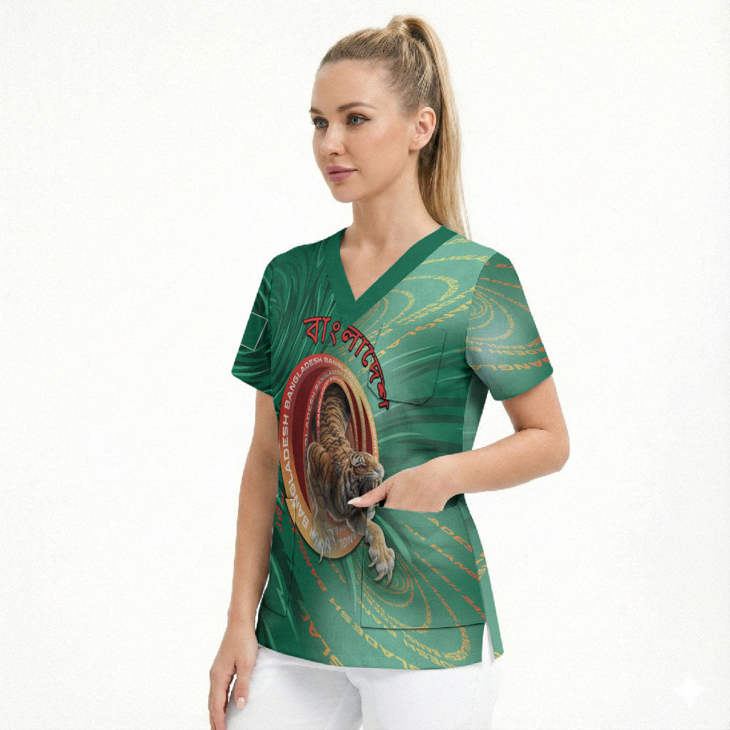 Personalized Bangladesh Scrub Top Royal Bengal Tiger Spiral Pattern