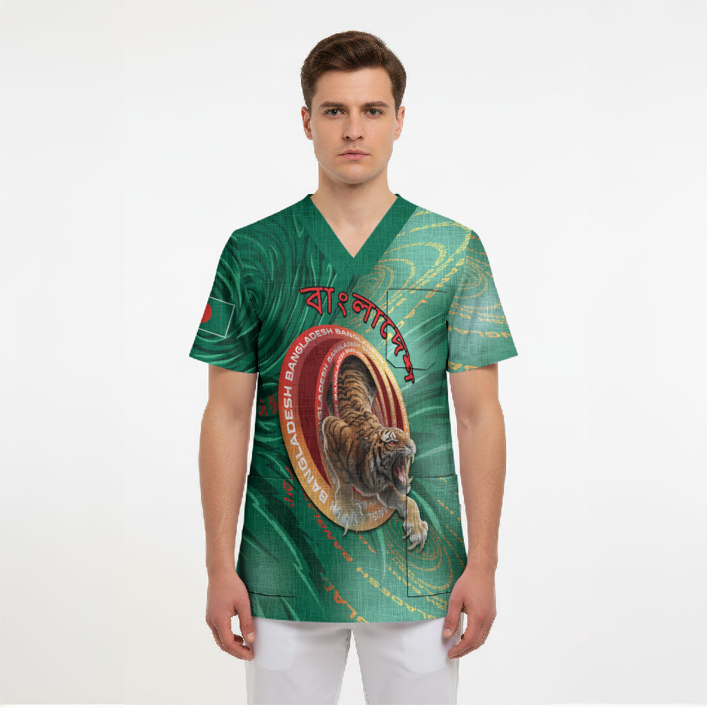 Personalized Bangladesh Scrub Top Royal Bengal Tiger Spiral Pattern
