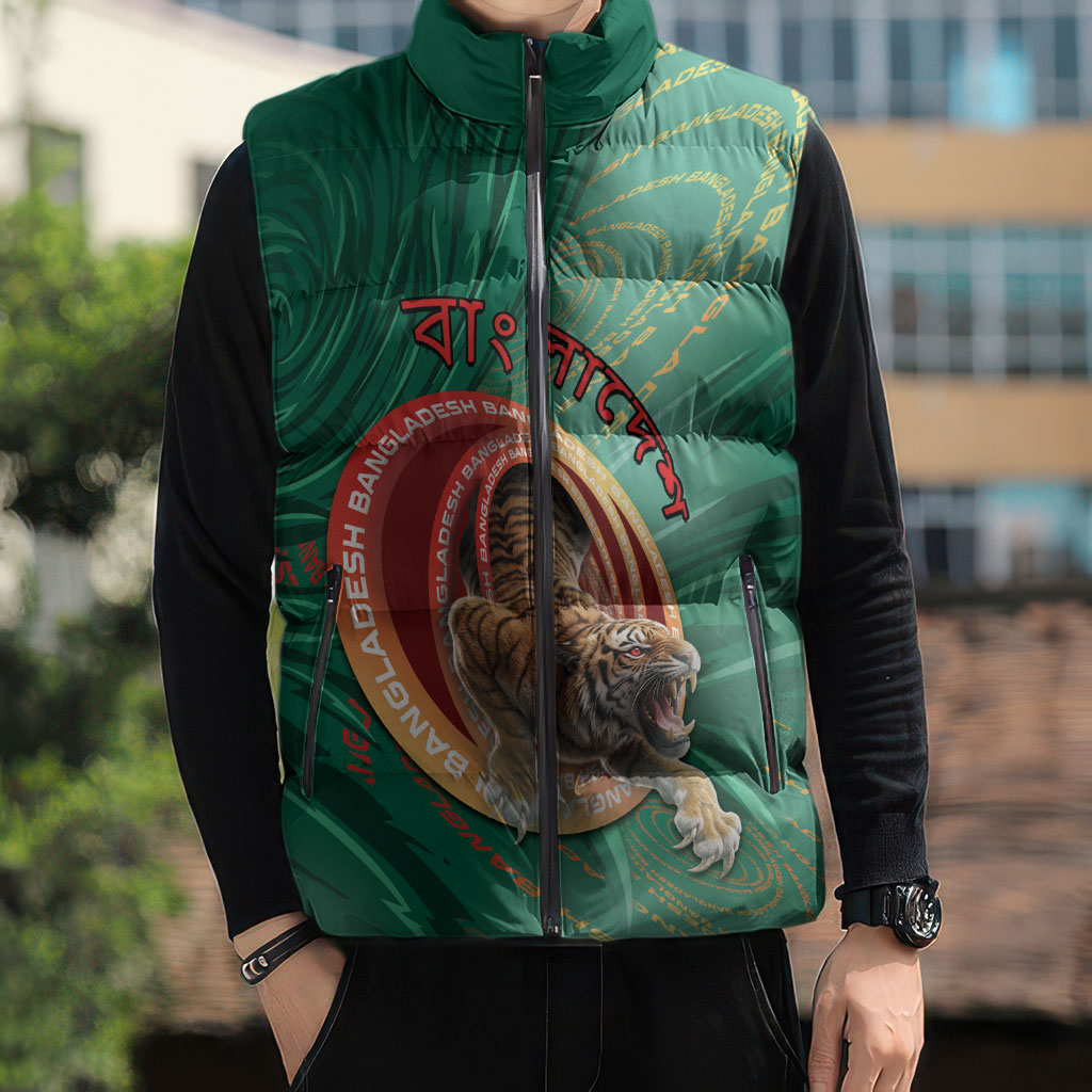 Personalized Bangladesh Sleeveless Puffer Jacket Royal Bengal Tiger Spiral Pattern