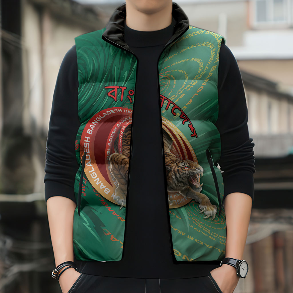 Personalized Bangladesh Sleeveless Puffer Jacket Royal Bengal Tiger Spiral Pattern