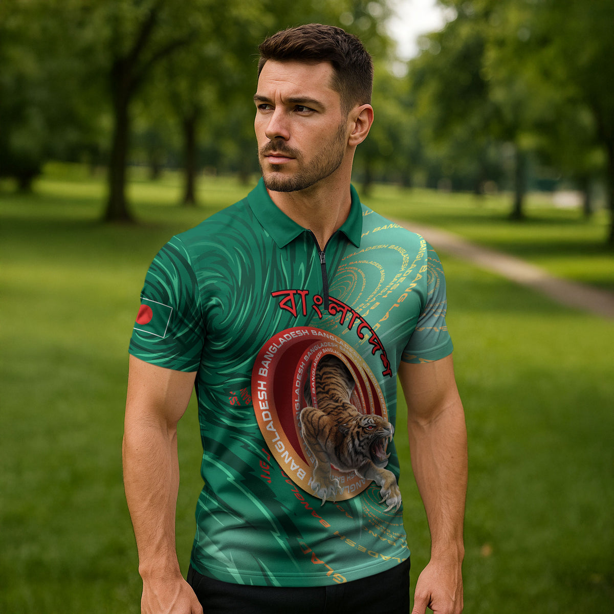 Personalized Bangladesh Zipper Polo Shirt Royal Bengal Tiger Spiral Pattern