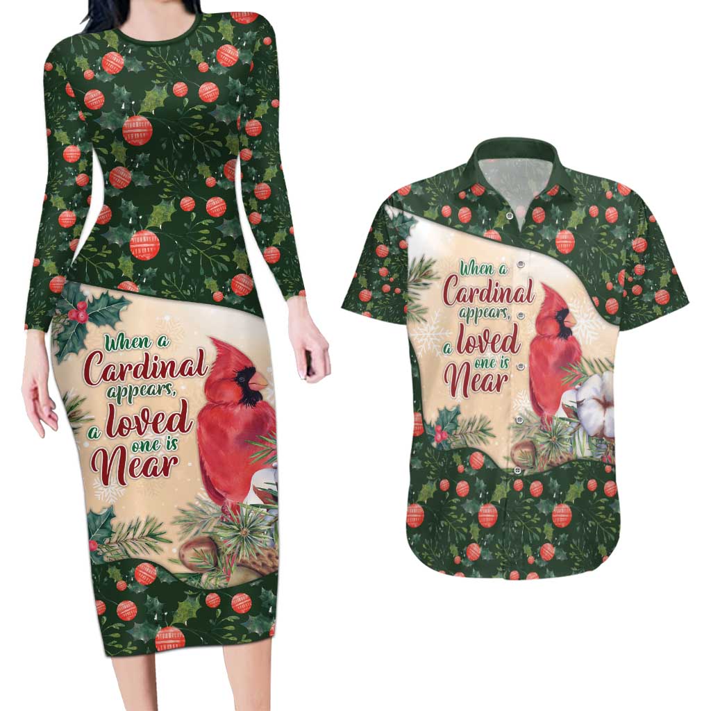 Memorial Cardinal Christmas Couples Matching Long Sleeve Bodycon Dress and Hawaiian Shirt When A Cardinal Appears Loved One Is Near - Wonder Print Shop