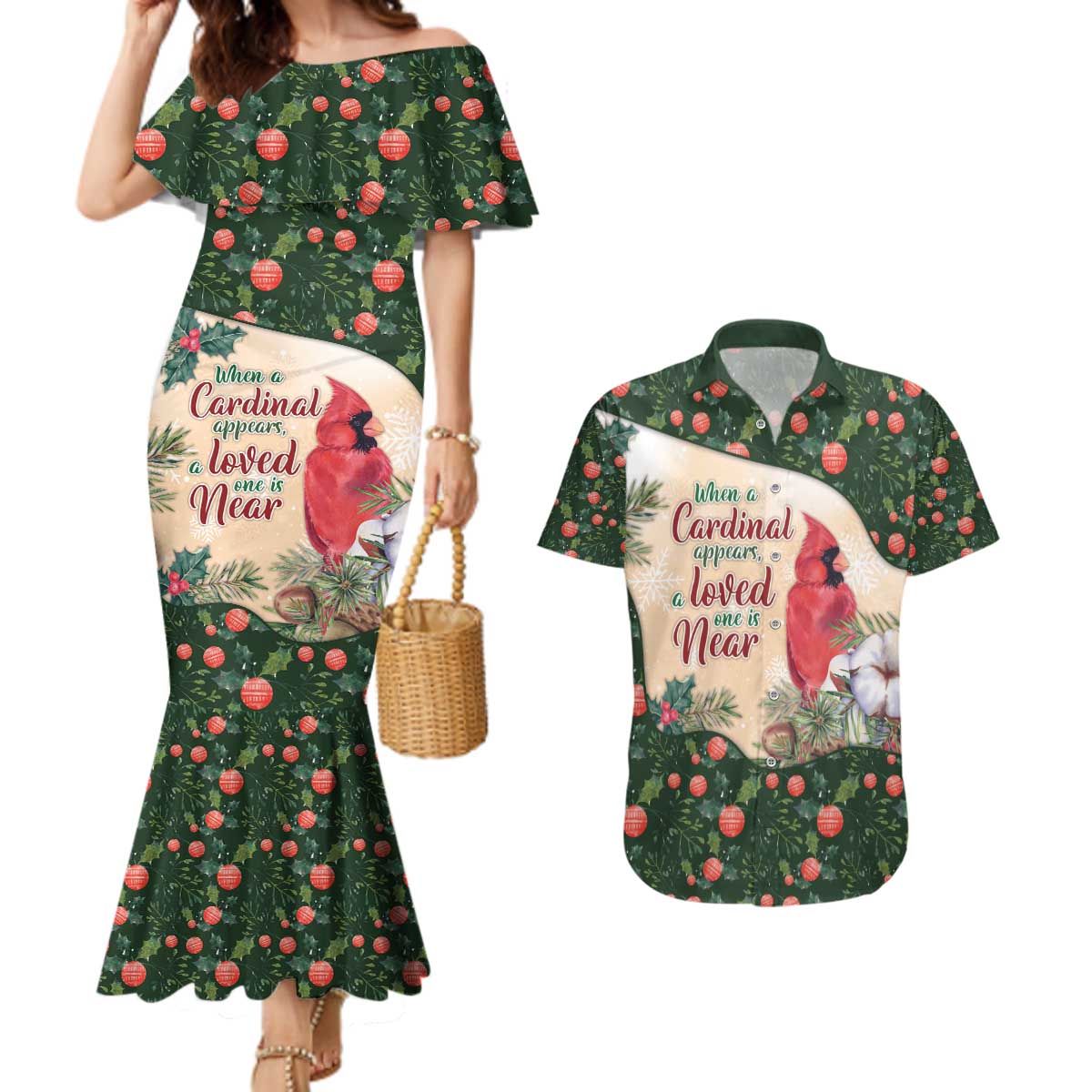 Memorial Cardinal Christmas Couples Matching Mermaid Dress and Hawaiian Shirt When A Cardinal Appears Loved One Is Near - Wonder Print Shop