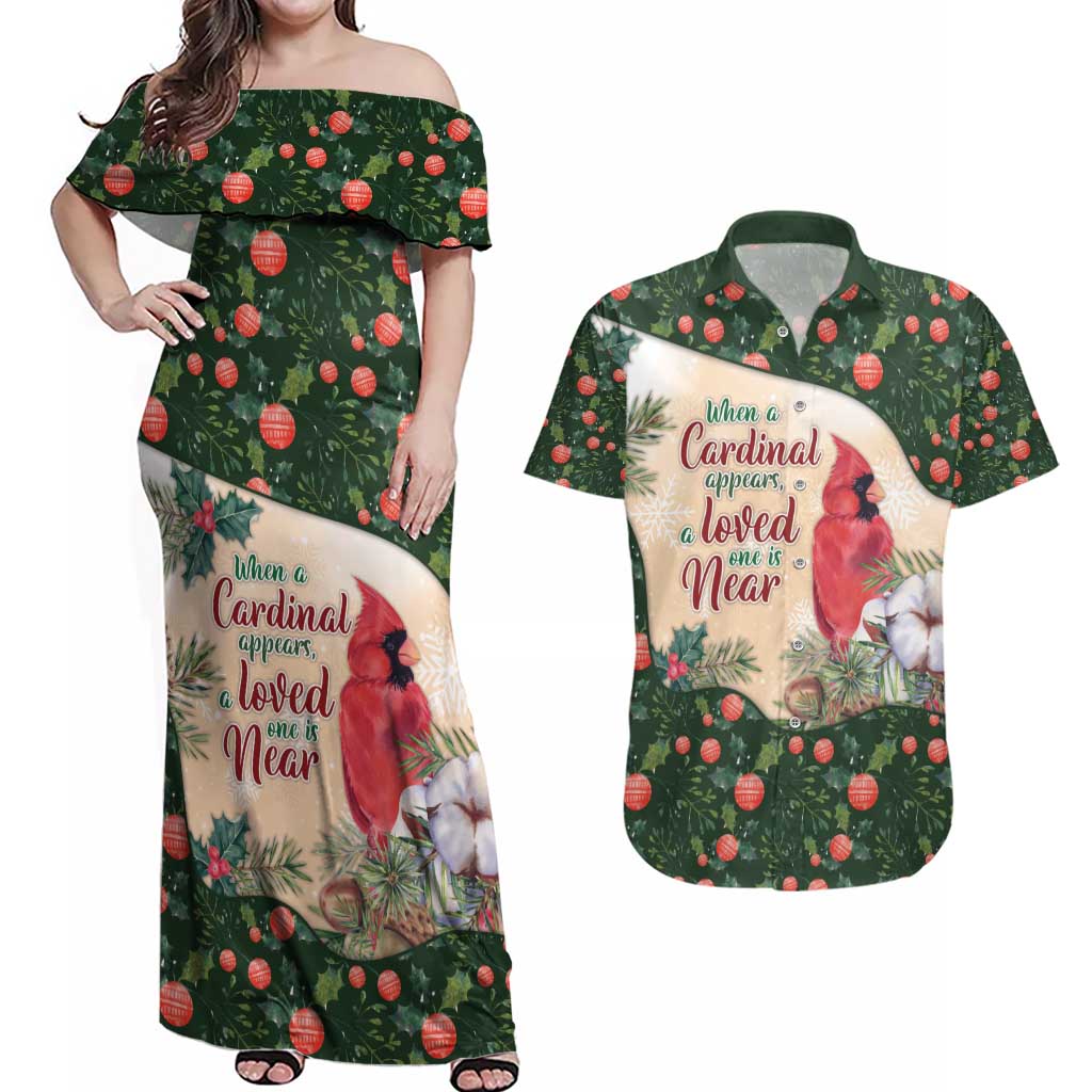 Memorial Cardinal Christmas Couples Matching Off Shoulder Maxi Dress and Hawaiian Shirt When A Cardinal Appears Loved One Is Near - Wonder Print Shop
