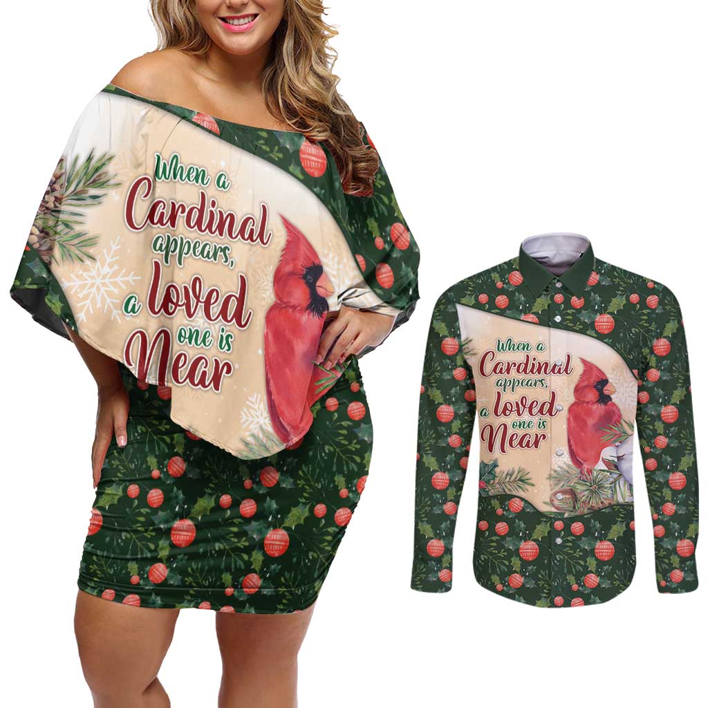 Memorial Cardinal Christmas Couples Matching Off Shoulder Short Dress and Long Sleeve Button Shirt When A Cardinal Appears Loved One Is Near - Wonder Print Shop