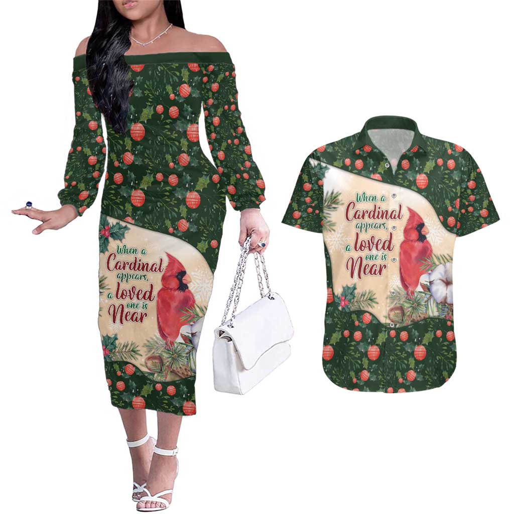 Memorial Cardinal Christmas Couples Matching Off The Shoulder Long Sleeve Dress and Hawaiian Shirt When A Cardinal Appears Loved One Is Near - Wonder Print Shop