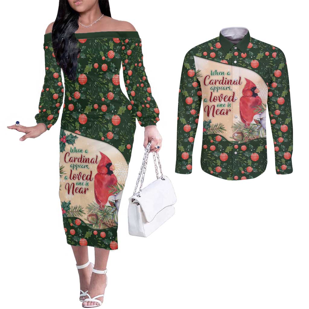 Memorial Cardinal Christmas Couples Matching Off The Shoulder Long Sleeve Dress and Long Sleeve Button Shirt When A Cardinal Appears Loved One Is Near - Wonder Print Shop