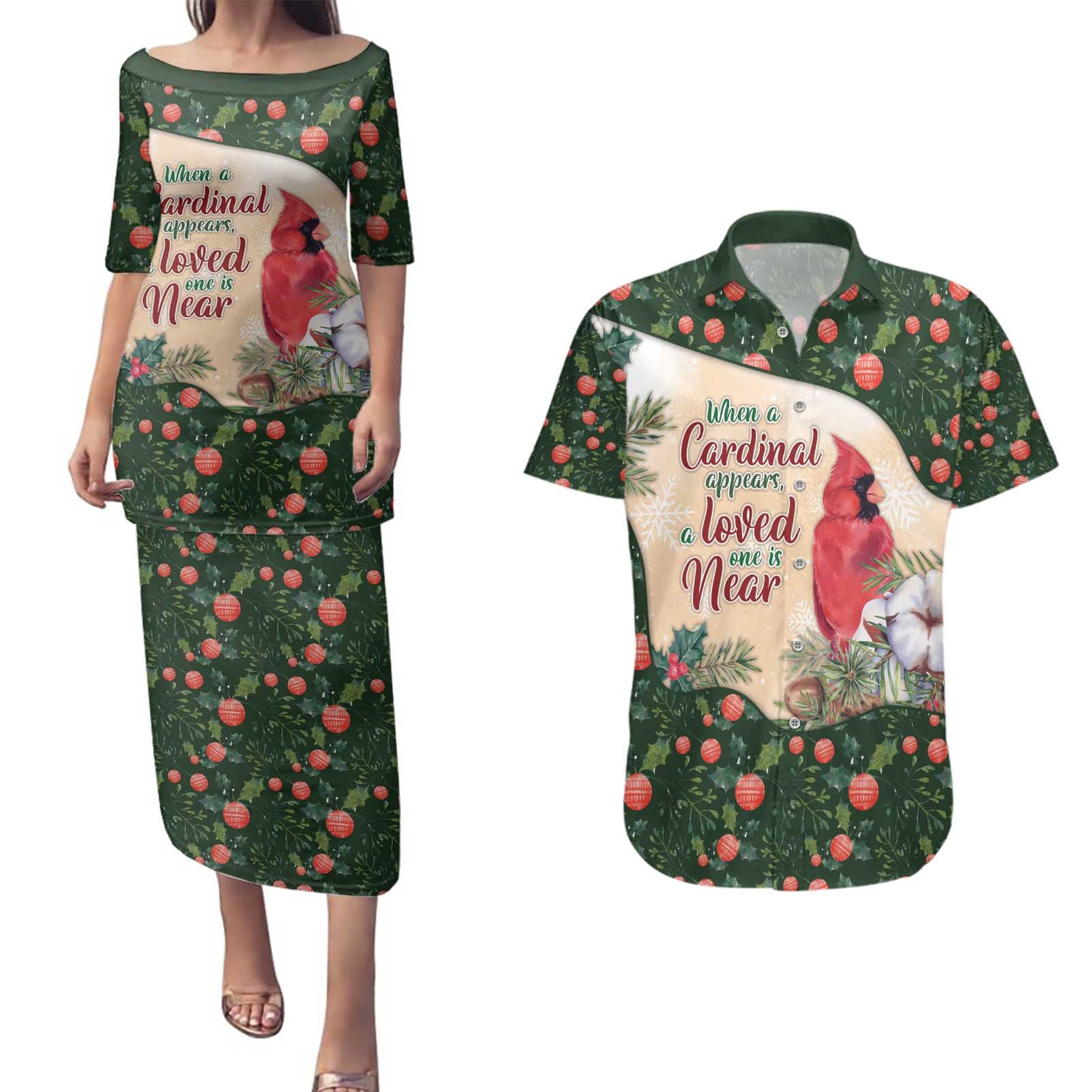 Memorial Cardinal Christmas Couples Matching Puletasi and Hawaiian Shirt When A Cardinal Appears Loved One Is Near - Wonder Print Shop