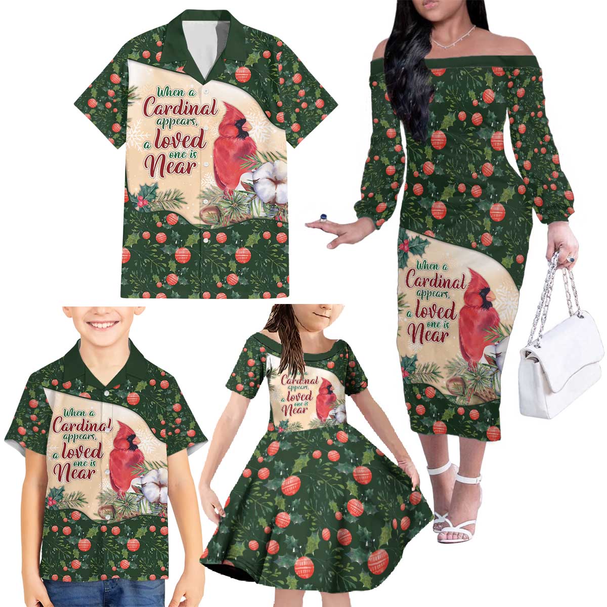Memorial Cardinal Christmas Family Matching Off The Shoulder Long Sleeve Dress and Hawaiian Shirt When A Cardinal Appears Loved One Is Near - Wonder Print Shop