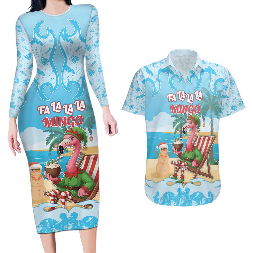 Christmas In July Couples Matching Long Sleeve Bodycon Dress and Hawaiian Shirt I Am The Flamingo Elf - Wonder Print Shop