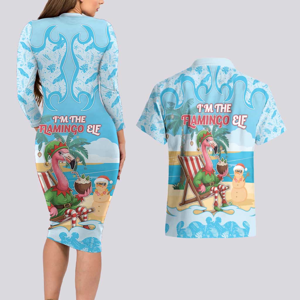 Christmas In July Couples Matching Long Sleeve Bodycon Dress and Hawaiian Shirt I Am The Flamingo Elf - Wonder Print Shop