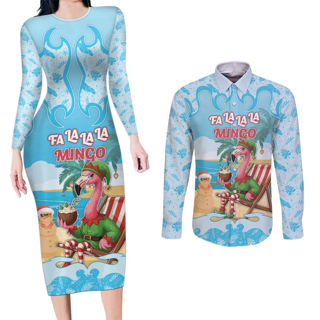 Christmas In July Couples Matching Long Sleeve Bodycon Dress and Long Sleeve Button Shirt I Am The Flamingo Elf - Wonder Print Shop