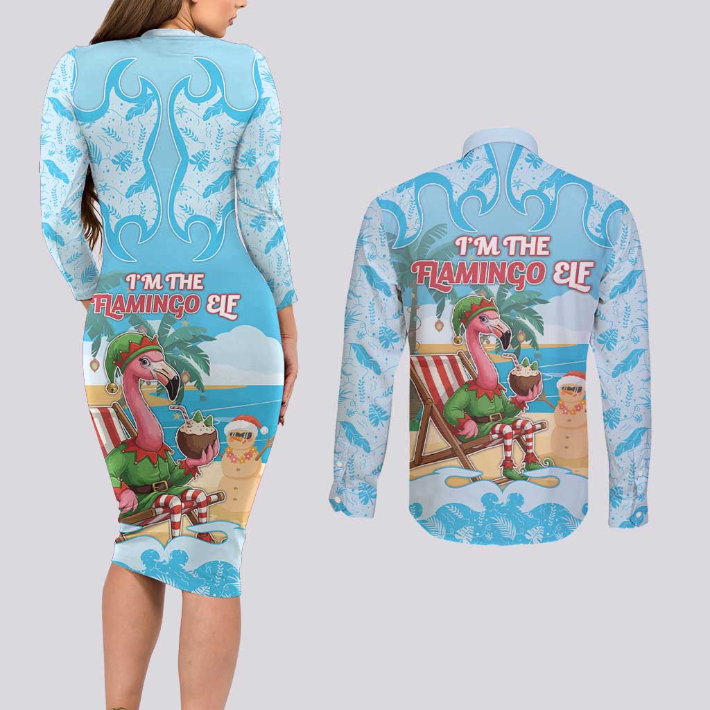 Christmas In July Couples Matching Long Sleeve Bodycon Dress and Long Sleeve Button Shirt I Am The Flamingo Elf - Wonder Print Shop