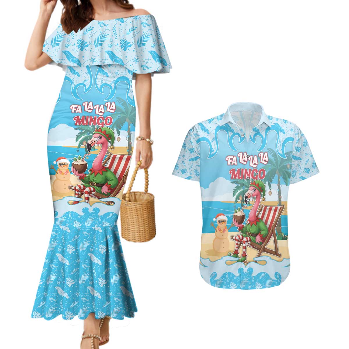 Christmas In July Couples Matching Mermaid Dress and Hawaiian Shirt I Am The Flamingo Elf - Wonder Print Shop