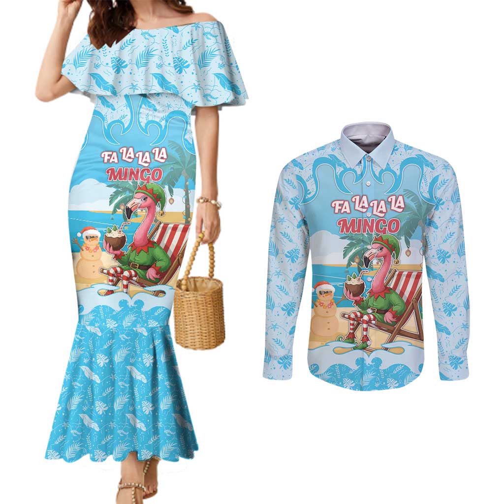 Christmas In July Couples Matching Mermaid Dress and Long Sleeve Button Shirt I Am The Flamingo Elf - Wonder Print Shop