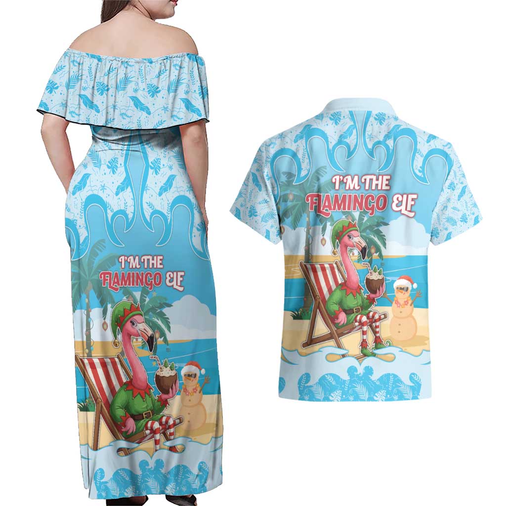 Christmas In July Couples Matching Off Shoulder Maxi Dress and Hawaiian Shirt I Am The Flamingo Elf - Wonder Print Shop