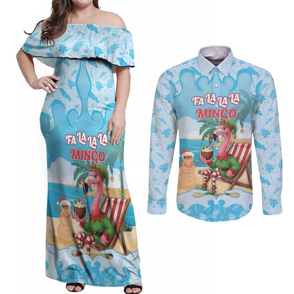 Christmas In July Couples Matching Off Shoulder Maxi Dress and Long Sleeve Button Shirt I Am The Flamingo Elf - Wonder Print Shop