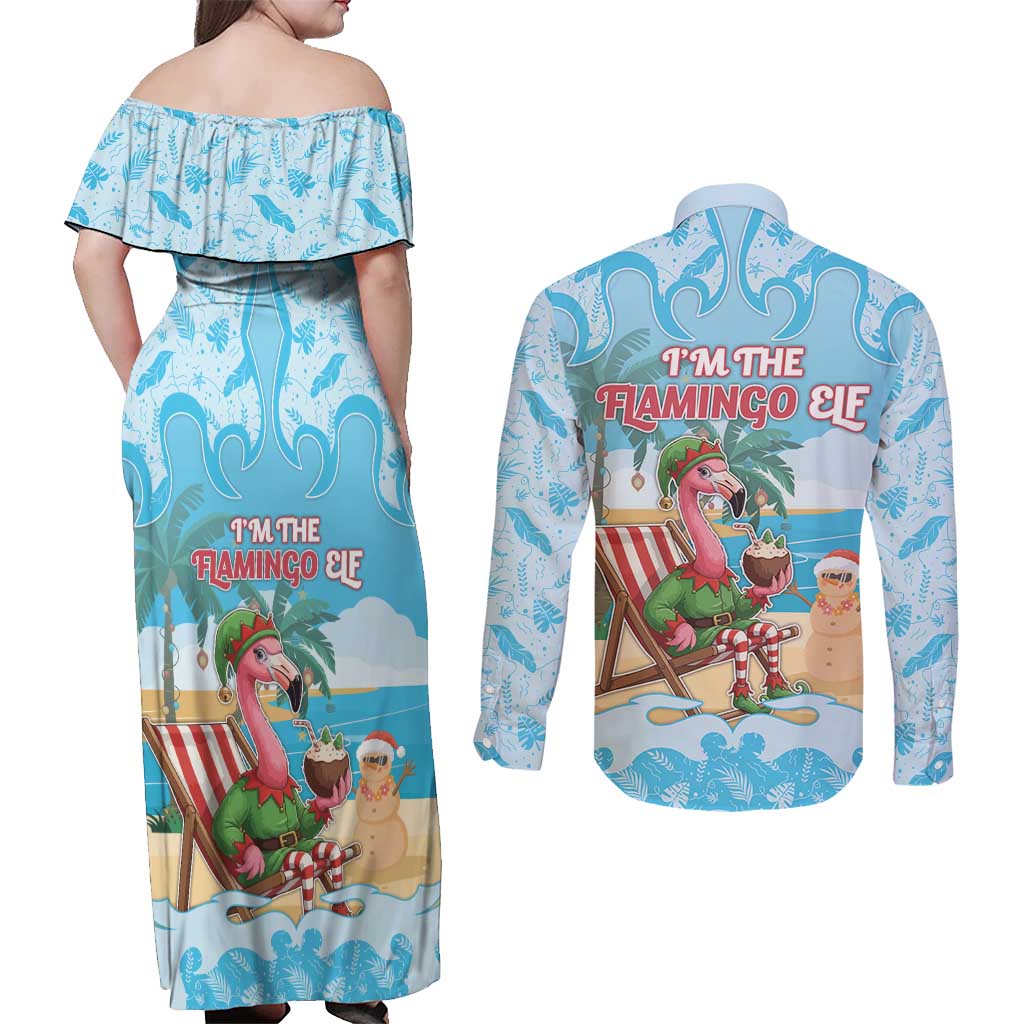 Christmas In July Couples Matching Off Shoulder Maxi Dress and Long Sleeve Button Shirt I Am The Flamingo Elf - Wonder Print Shop