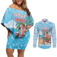 Christmas In July Couples Matching Off Shoulder Short Dress and Long Sleeve Button Shirt I Am The Flamingo Elf - Wonder Print Shop