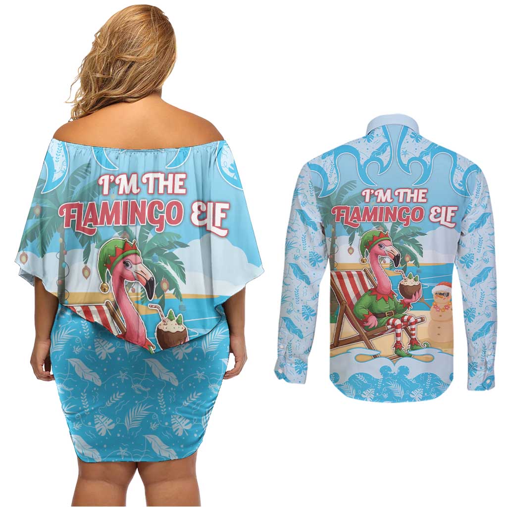 Christmas In July Couples Matching Off Shoulder Short Dress and Long Sleeve Button Shirt I Am The Flamingo Elf - Wonder Print Shop