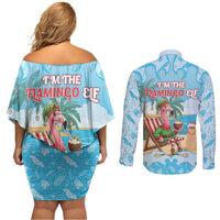 Christmas In July Couples Matching Off Shoulder Short Dress and Long Sleeve Button Shirt I Am The Flamingo Elf - Wonder Print Shop