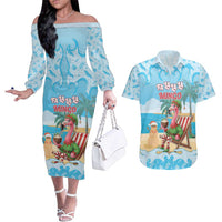 Christmas In July Couples Matching Off The Shoulder Long Sleeve Dress and Hawaiian Shirt I Am The Flamingo Elf - Wonder Print Shop