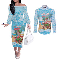Christmas In July Couples Matching Off The Shoulder Long Sleeve Dress and Long Sleeve Button Shirt I Am The Flamingo Elf - Wonder Print Shop