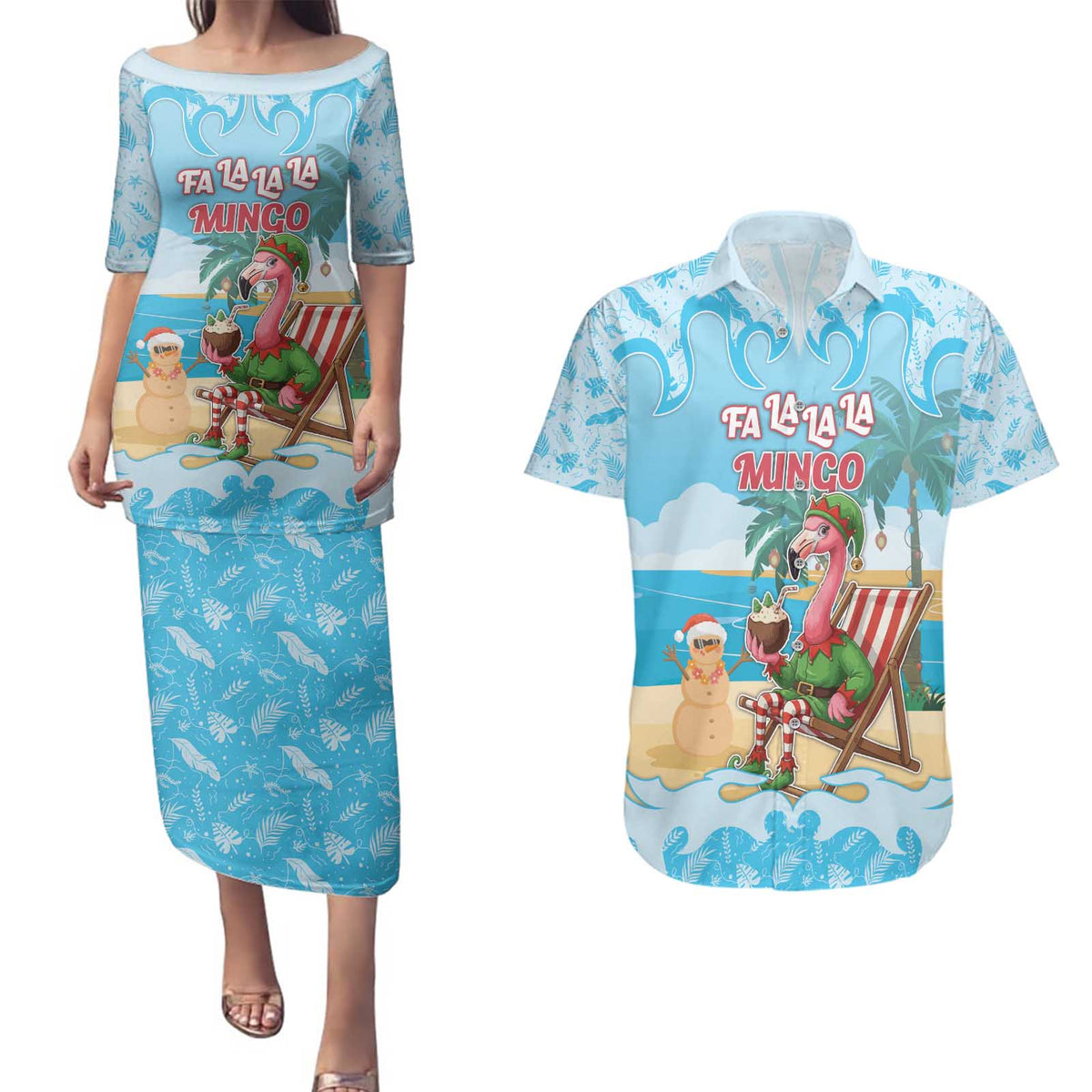 Christmas In July Couples Matching Puletasi and Hawaiian Shirt I Am The Flamingo Elf - Wonder Print Shop